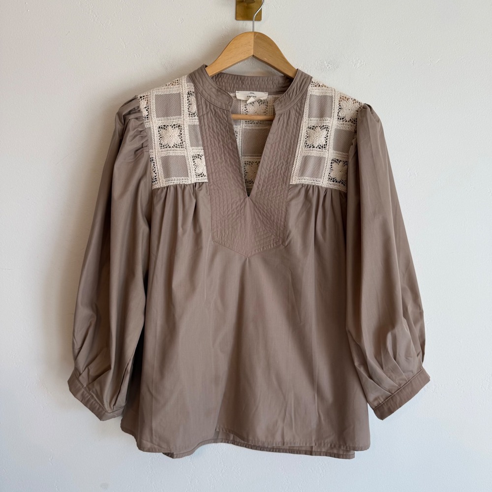 Entro Crochet Lace Yoke Blouse Taupe Balloon Sleeve Peasant Prairie Cottage M